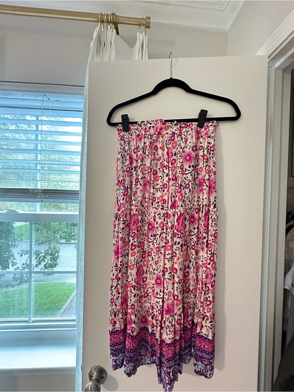 Pink Floral Tiered Midi Skirt with Elastic Waist